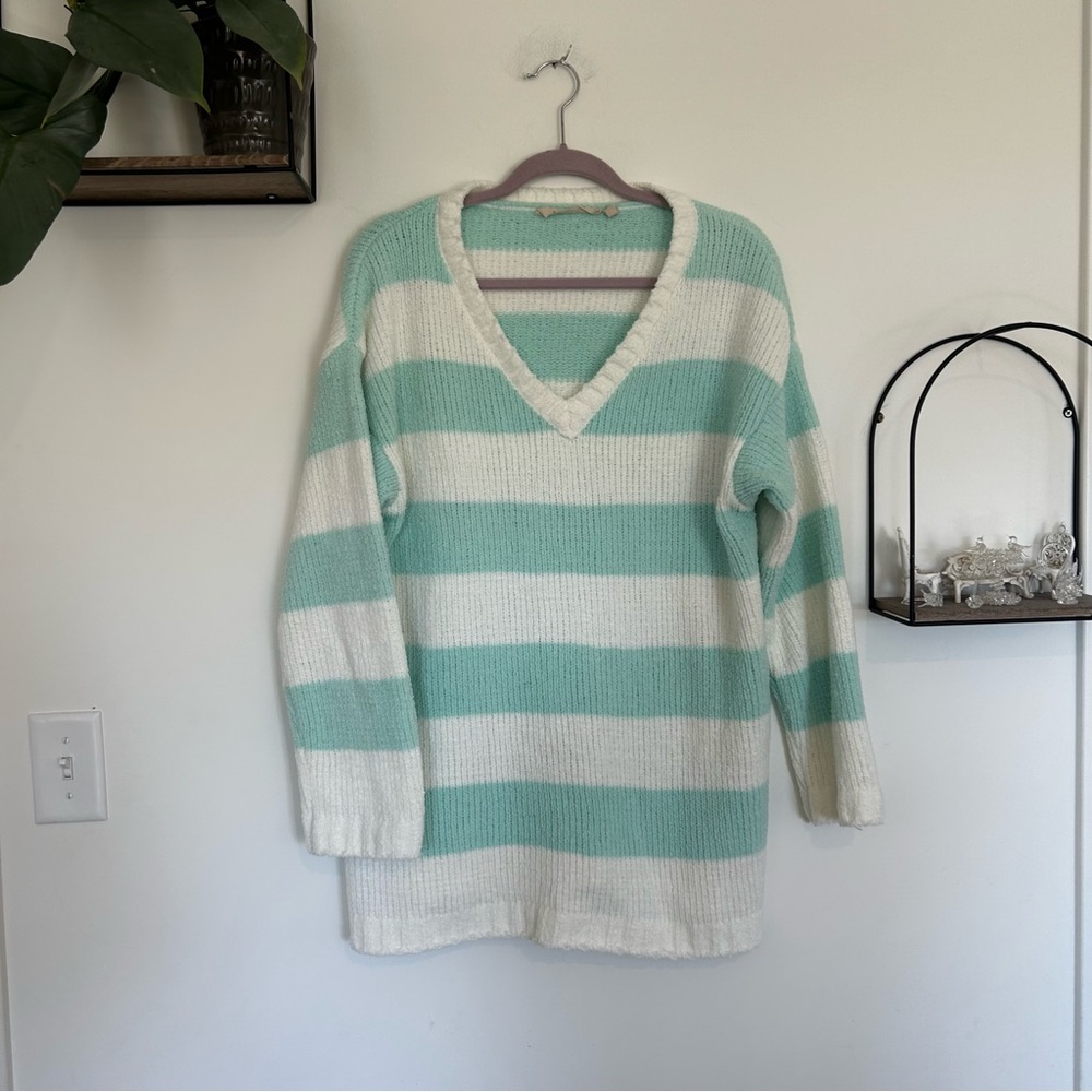 Soft Surroundings Teal & White Striped V Neck Pullover Sweater Size Small